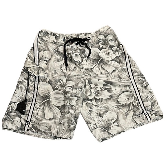 Quiksilver Pants - Quicksilver Gray and White Hibiscus Board Shorts Women’s Size Small
